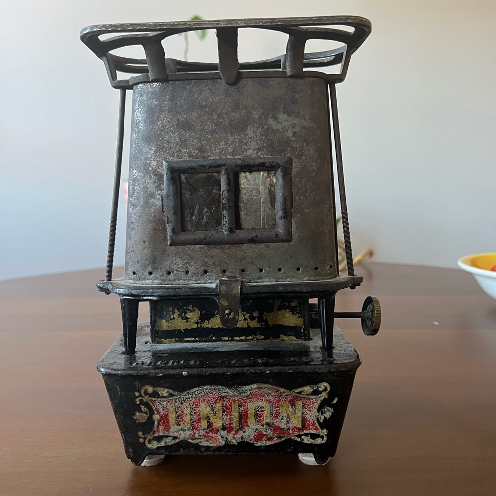 Vintage Union Cast Iron Sad Iron Heater Stove Double Mica Window